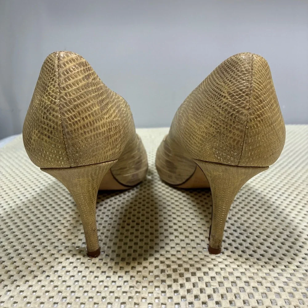 Kate Spade New York Billie Peep Toe Heels Gold Snakeskin‎ Leather Pumps Size 7